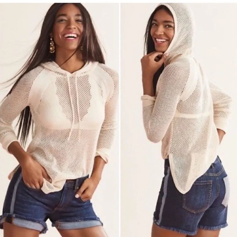 Cabi Cream Open Waffle Knit Summer Beach Tunic Hoodie